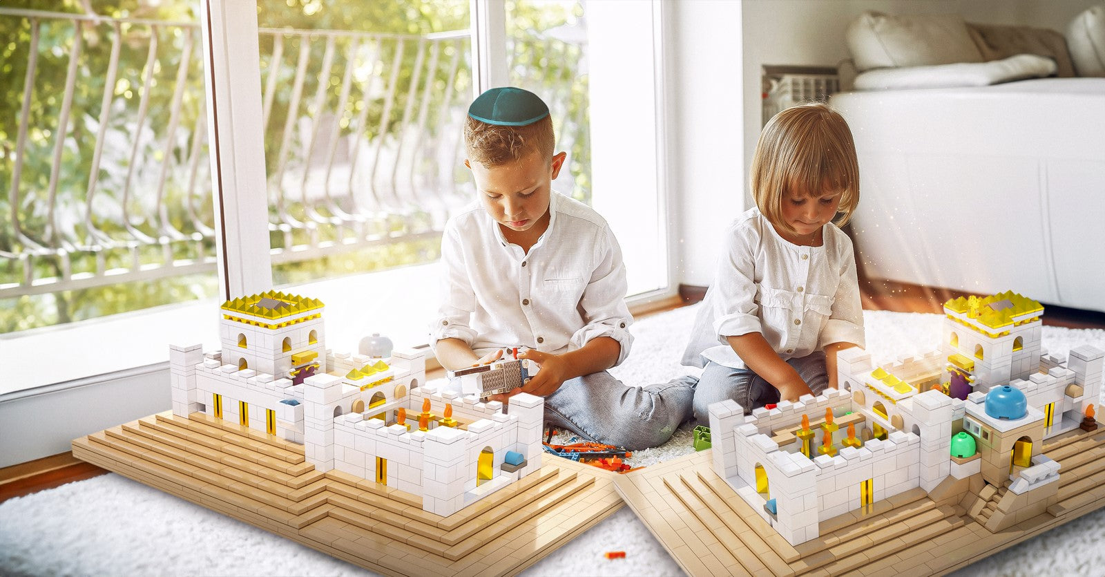 Aleph Brick Bais Beit Bet Hamikdash build set boy and girl playing room scene 1 zoom lit