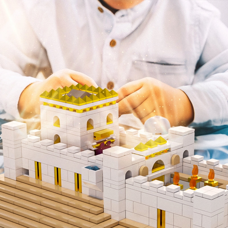 Aleph Brick Bais Beit Bet Hamikdash build set boy playing room scene zoom light
